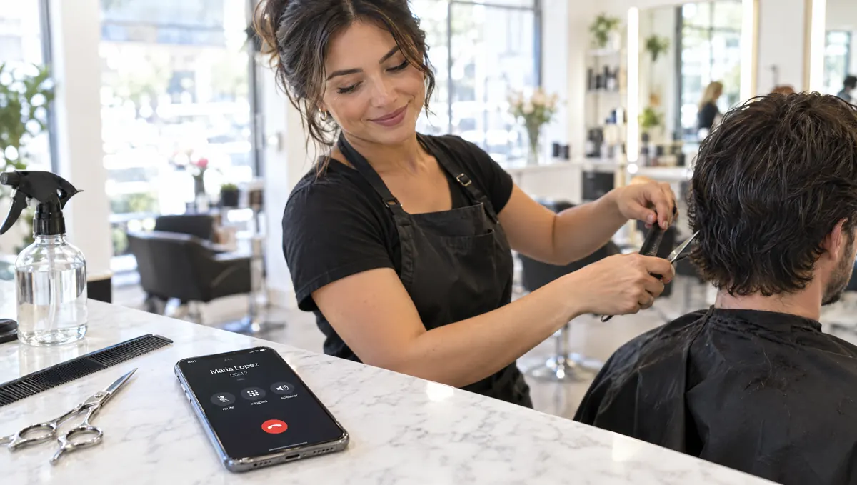 A stylist keeps cutting hair while a call to her salon is answered