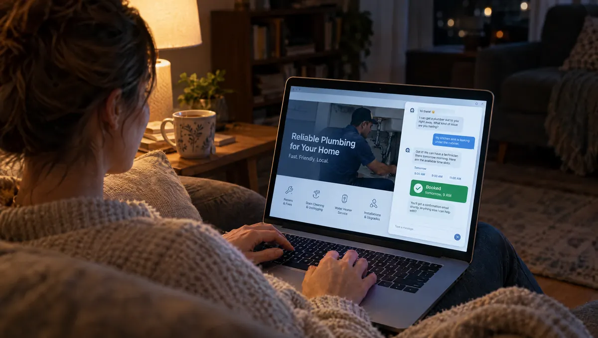 A homeowner booking a plumber at night through the chat on the plumber's website