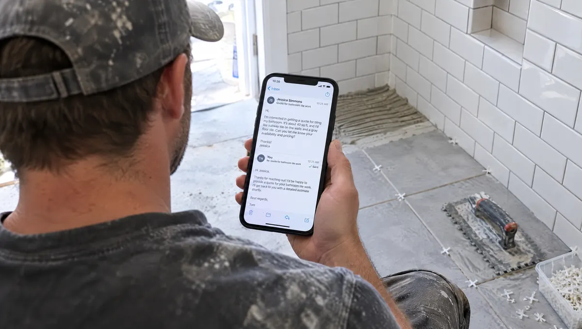 A contractor tiling a bathroom sees a customer's quote request already answered