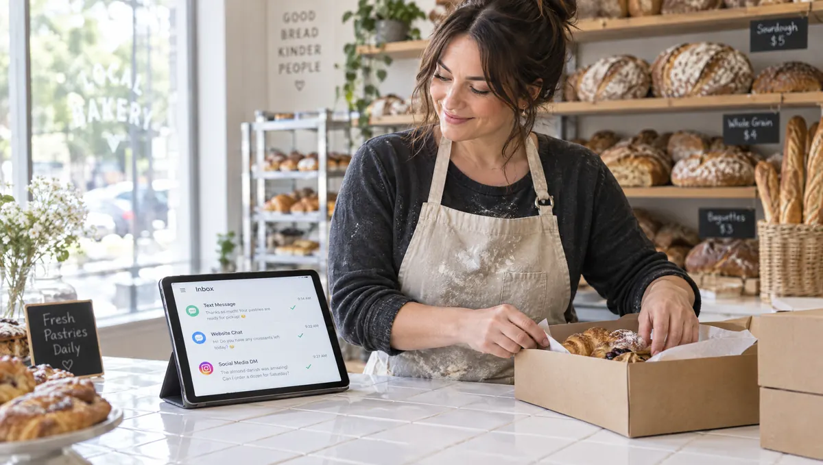 A bakery owner seeing every message already answered on a tablet