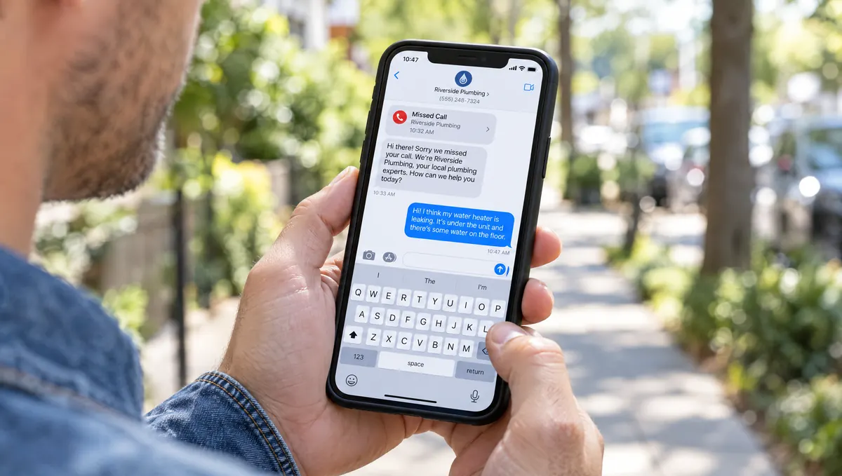 A man answering the text a plumber sent after a missed call