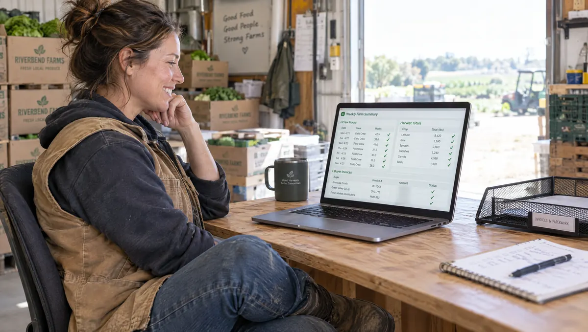 A farm owner seeing the week's hours, harvest and invoices already filled in