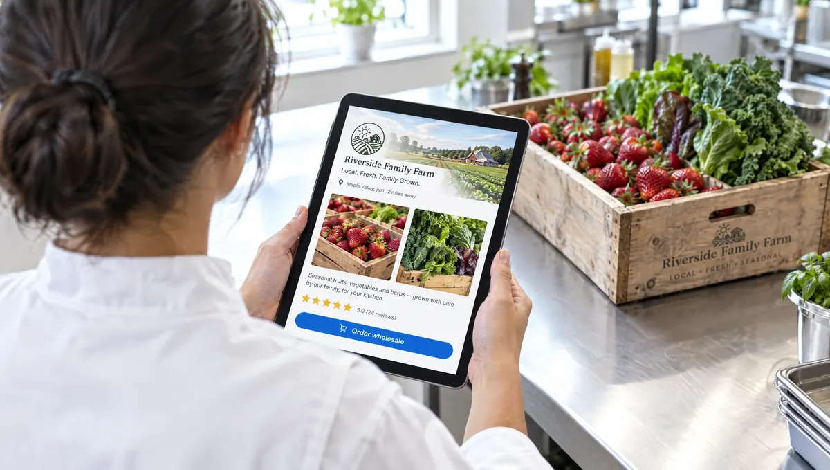 A chef finding a local family farm to order produce from on her tablet