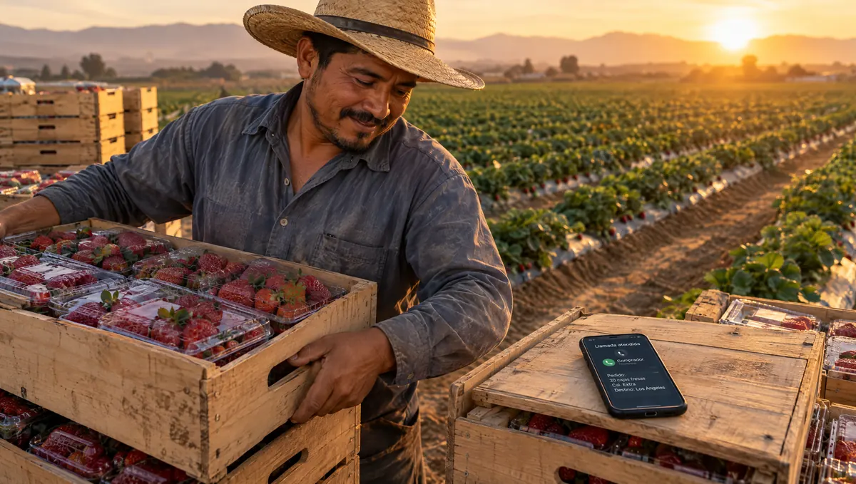 A farm foreman stacking strawberry crates while a buyer's call is answered in Spanish
