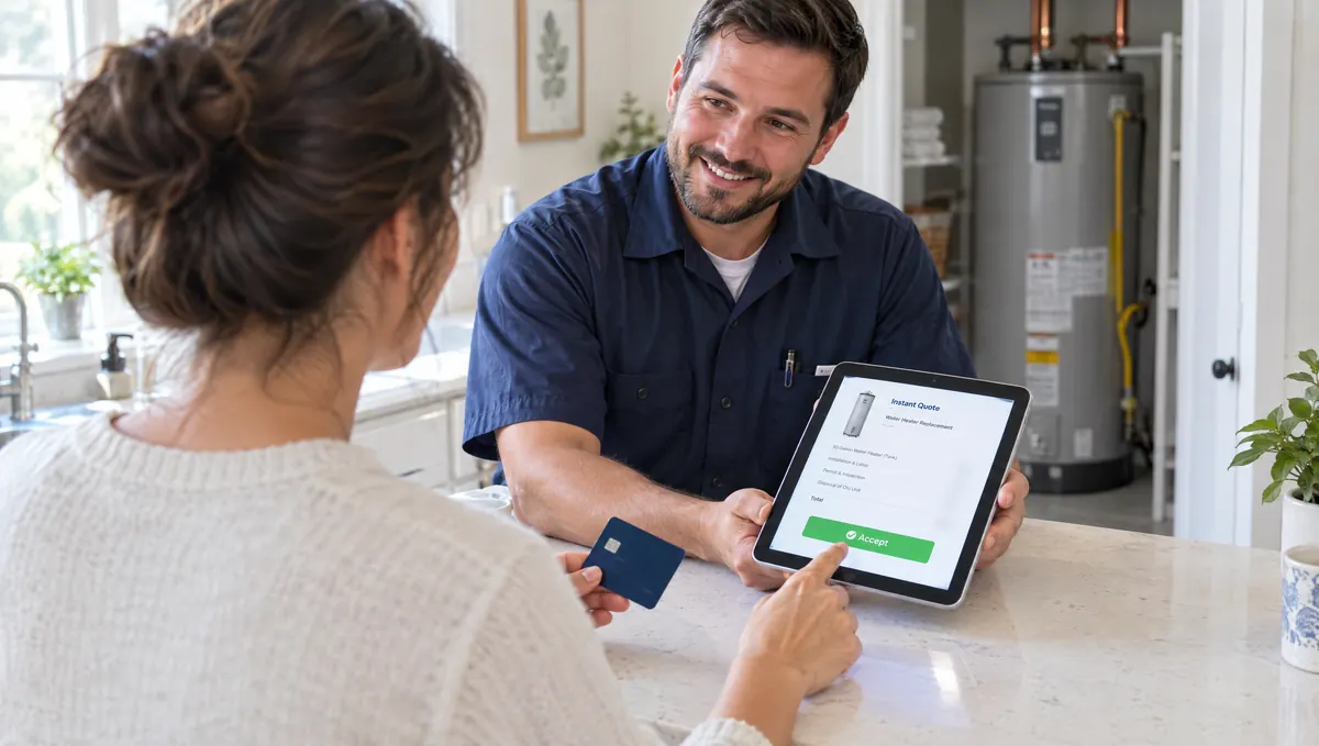 A homeowner, her card in hand, accepting a plumber's instant quote on his tablet