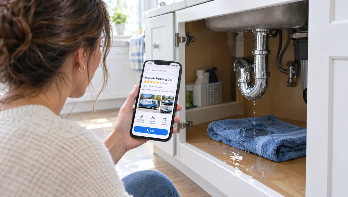 A homeowner finding a local plumber on her phone beside a leaking sink