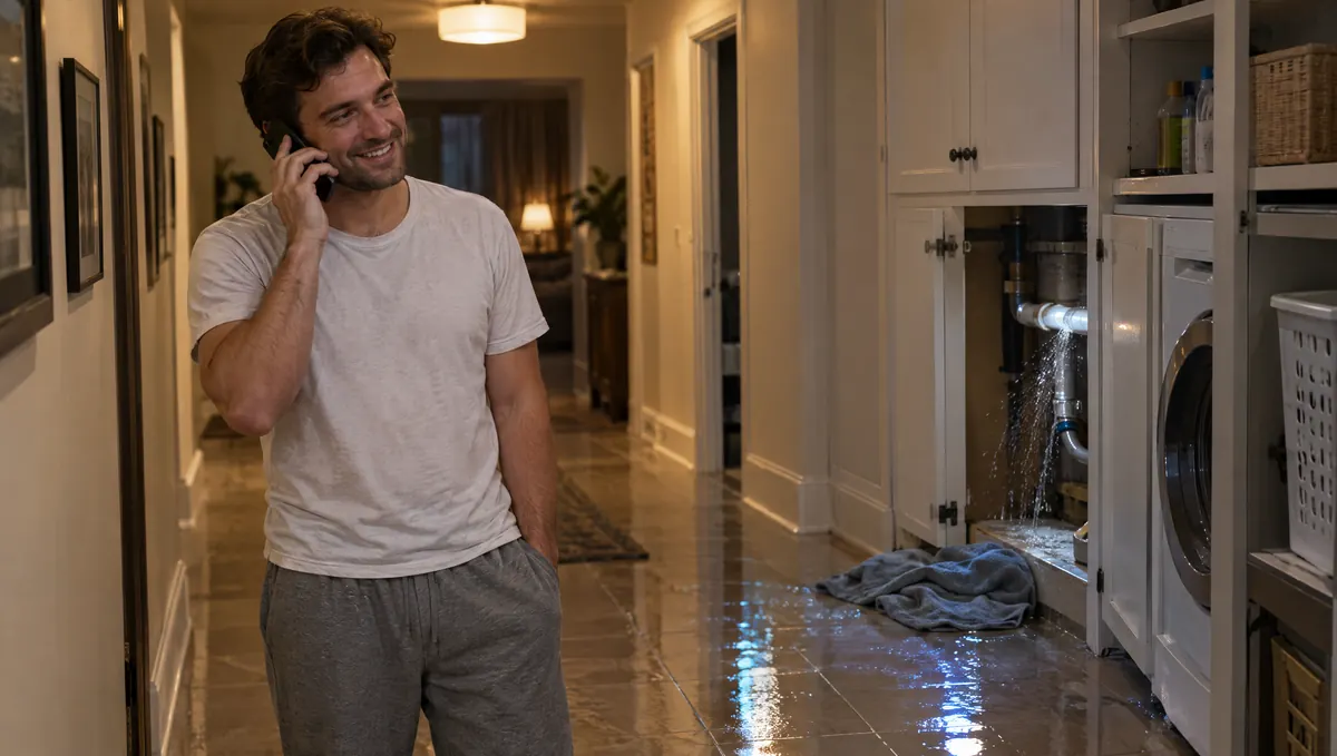 A man smiling on the phone because a plumber answered during a burst pipe