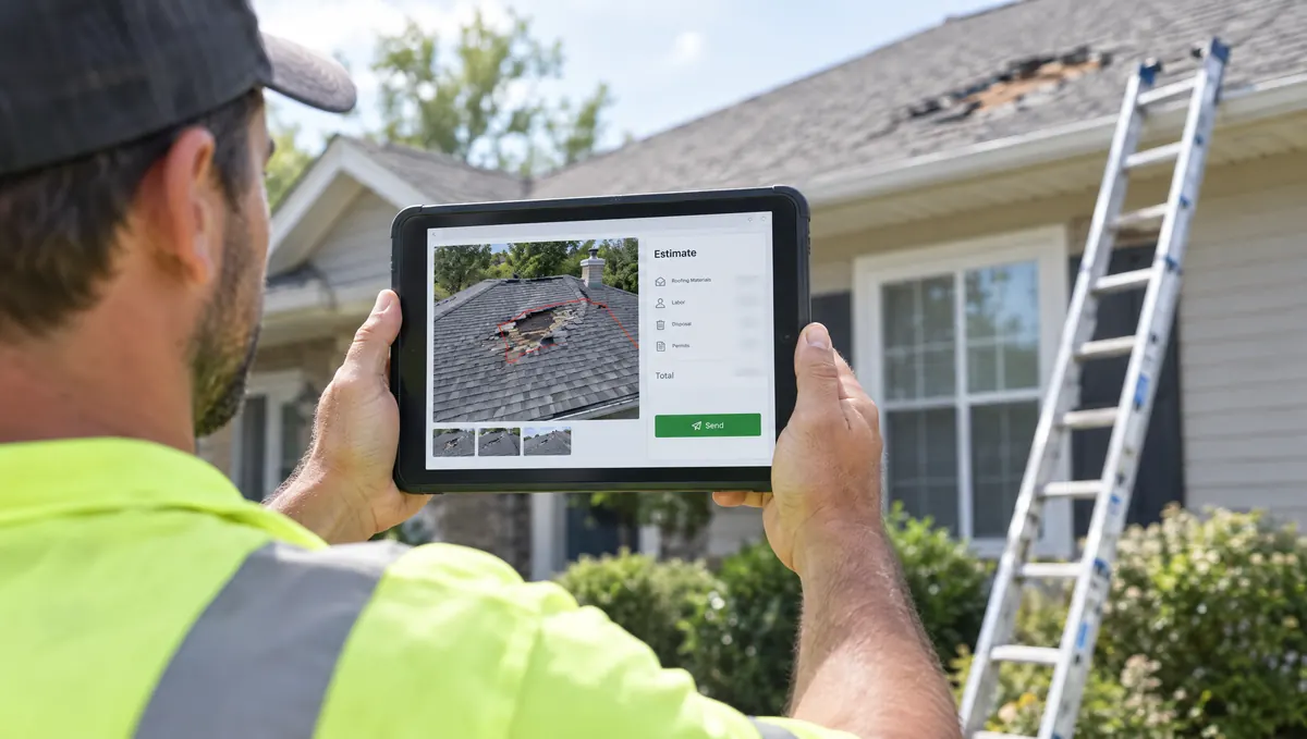 A roofer building an estimate from a photo of the roof on his tablet