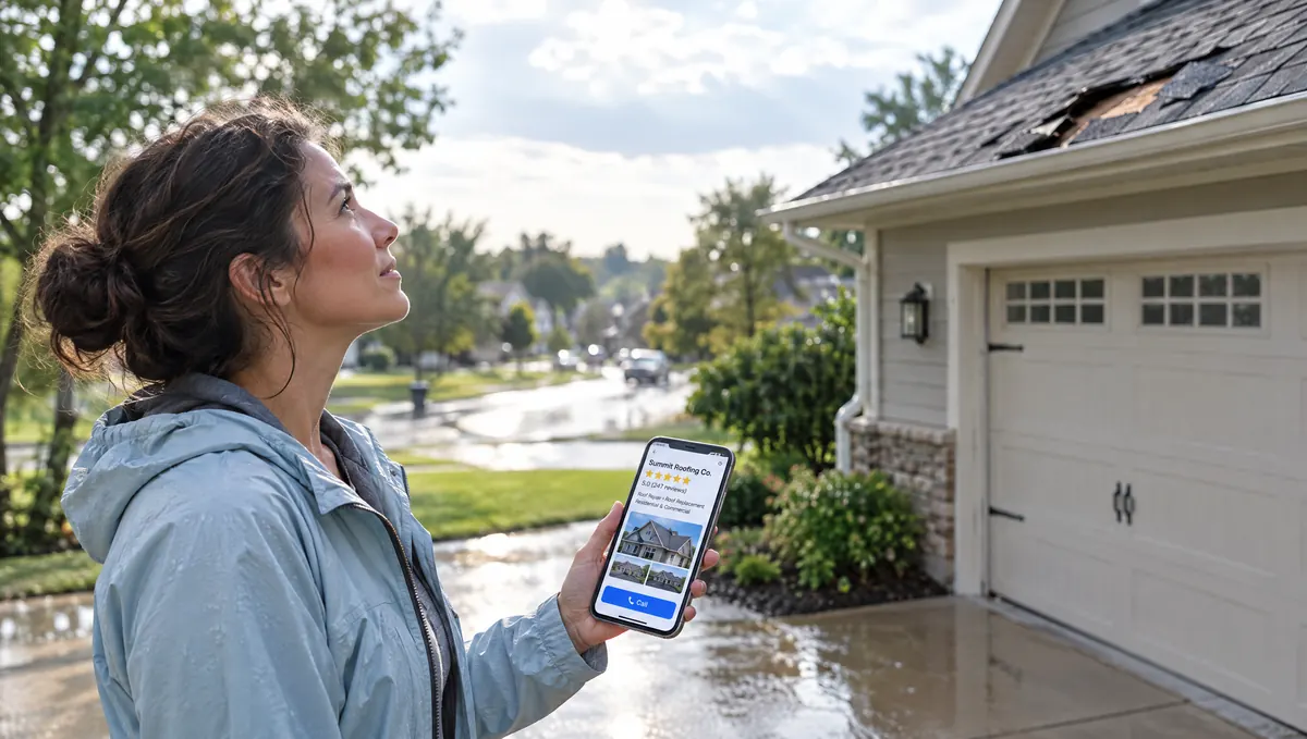 A homeowner after a storm finding a local roofer on her phone