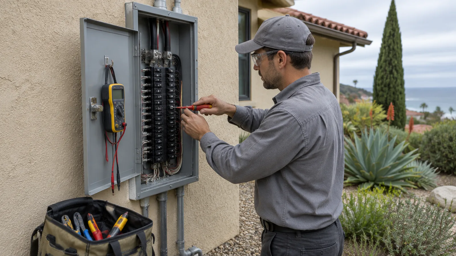 An electrician in safety glasses works in an open electrical panel on the side of a stucco house, a multimeter hanging on the panel door