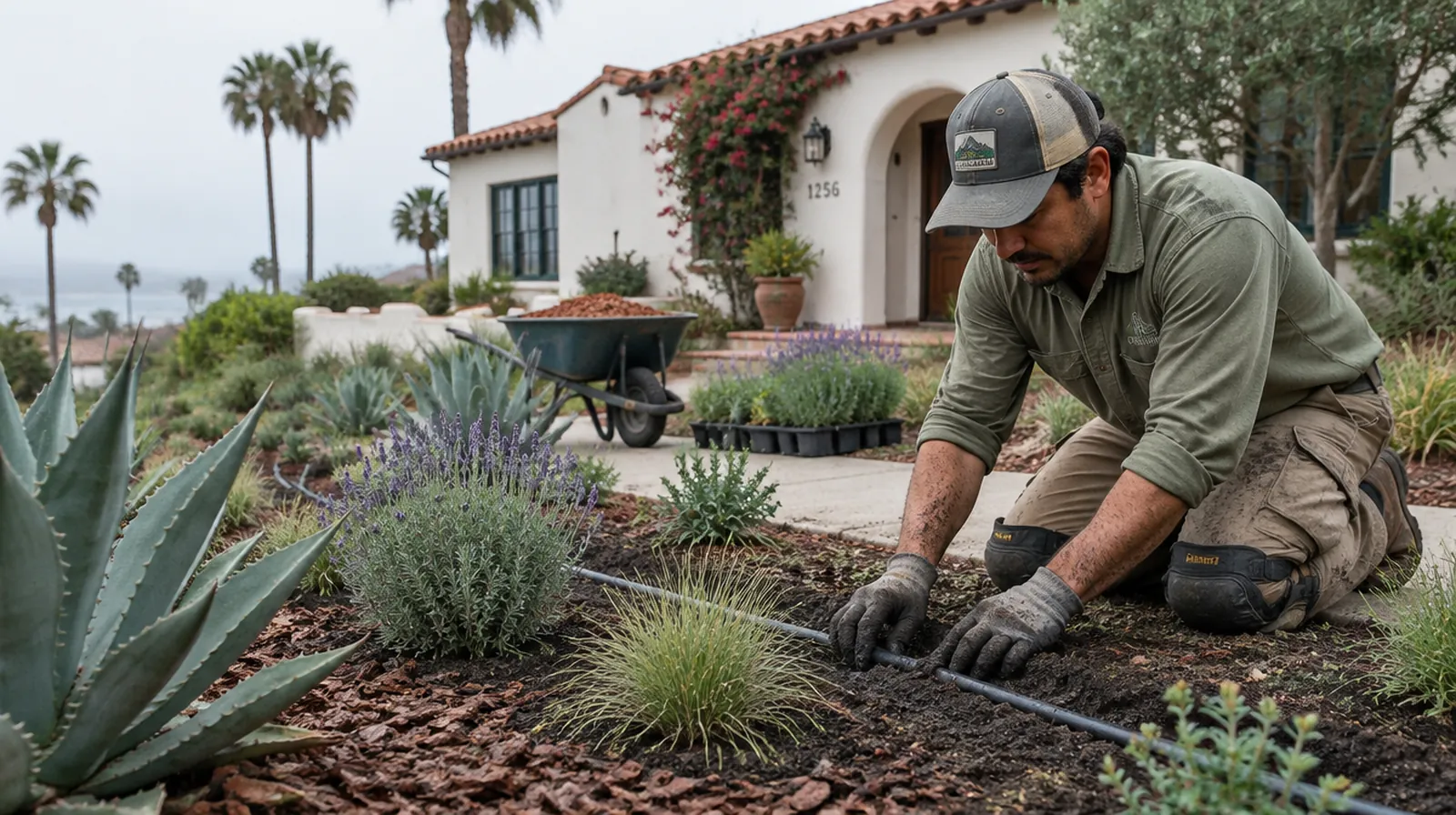 A landscaper kneels in a front-yard bed of a Spanish-style house, laying drip line beside new lavender, agave and grasses