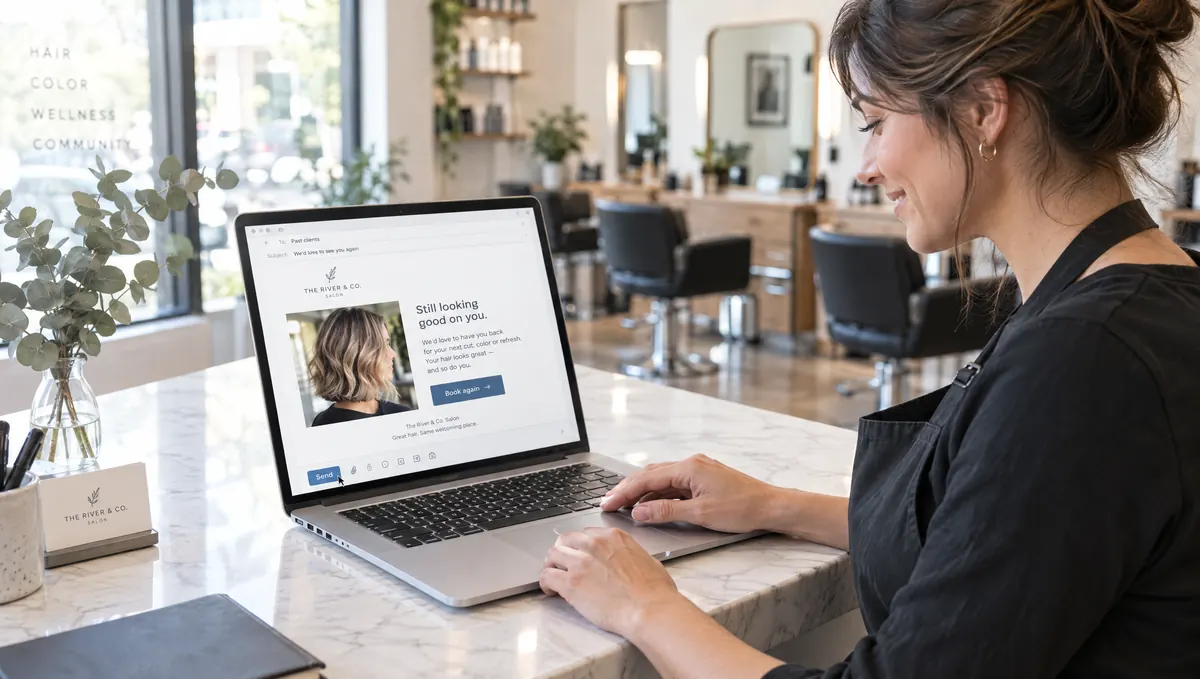 A salon owner sending past clients an email to book again