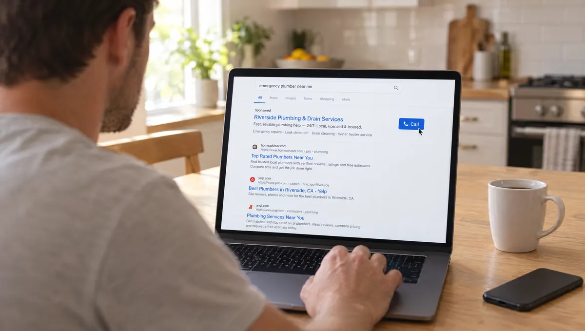 A man about to call a plumber from a sponsored search result on his laptop