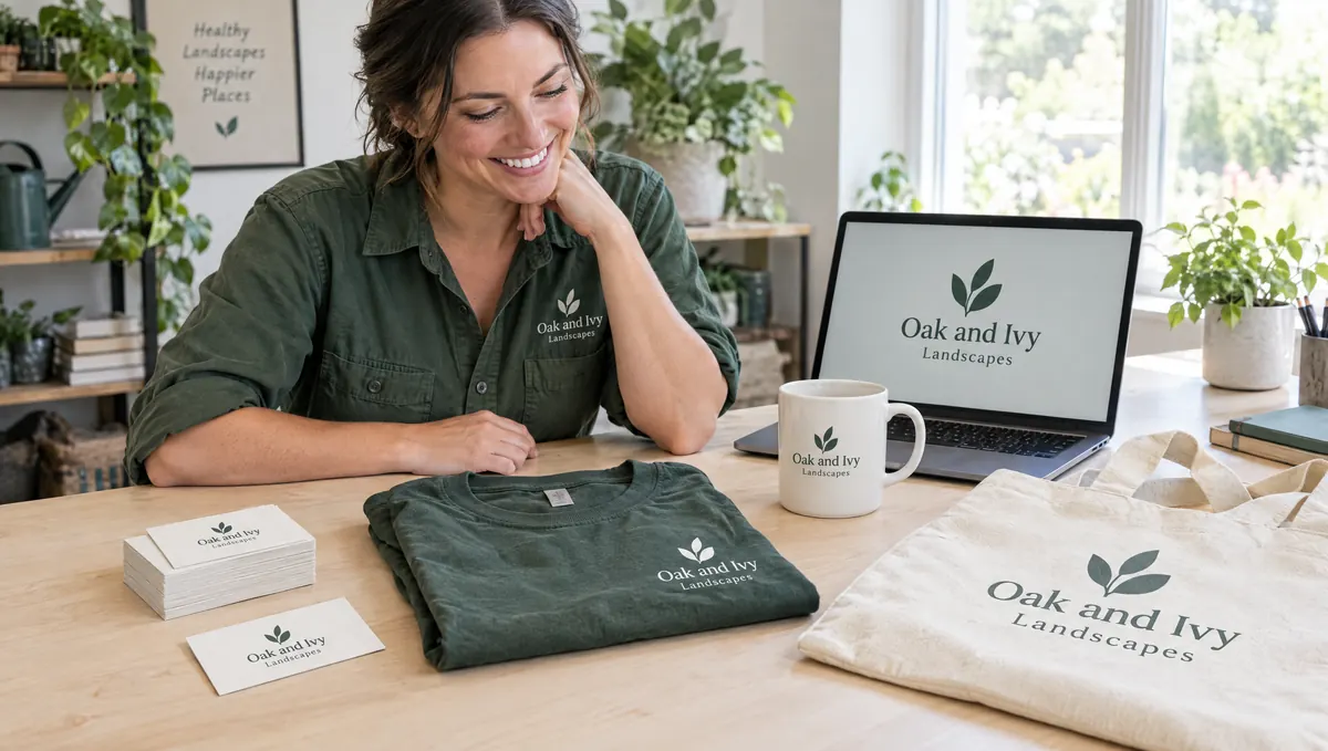 A landscaping owner smiling at her new logo on business cards, a shirt, a tote and a mug