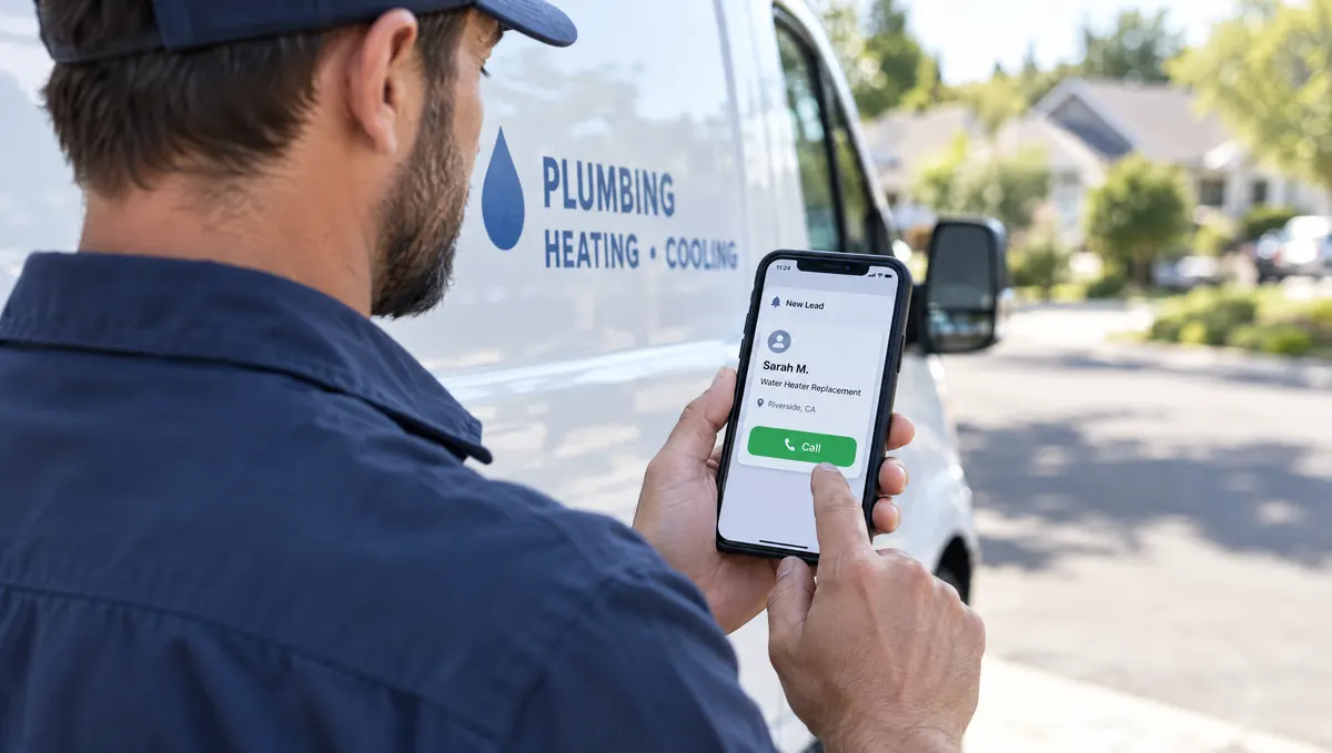 A plumber getting a new lead on his phone beside his van