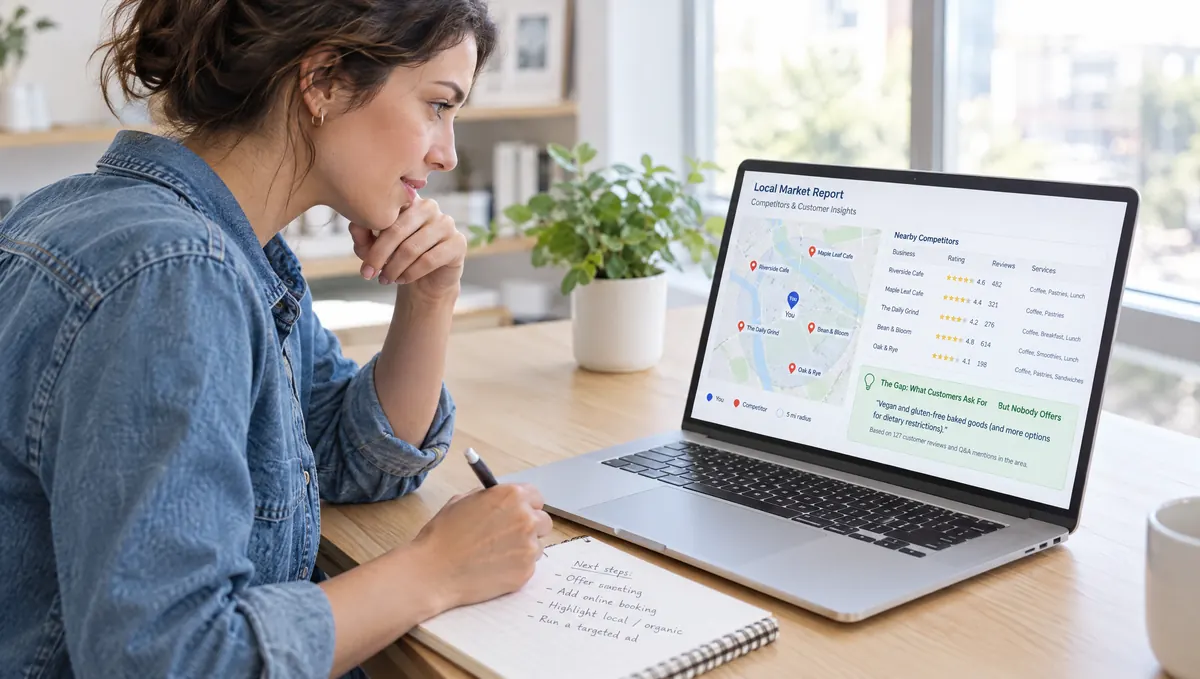 A business owner studying a map of nearby competitors and their reviews on her laptop