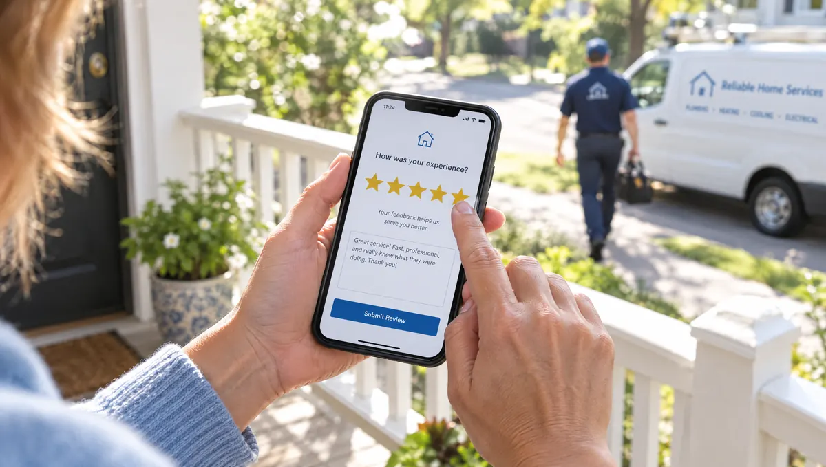 A homeowner writing a review on her phone after a repair