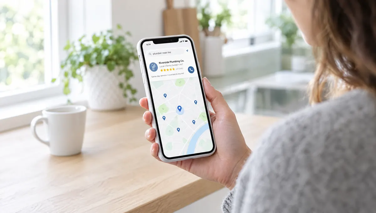 A woman searching for a plumber near her on her phone