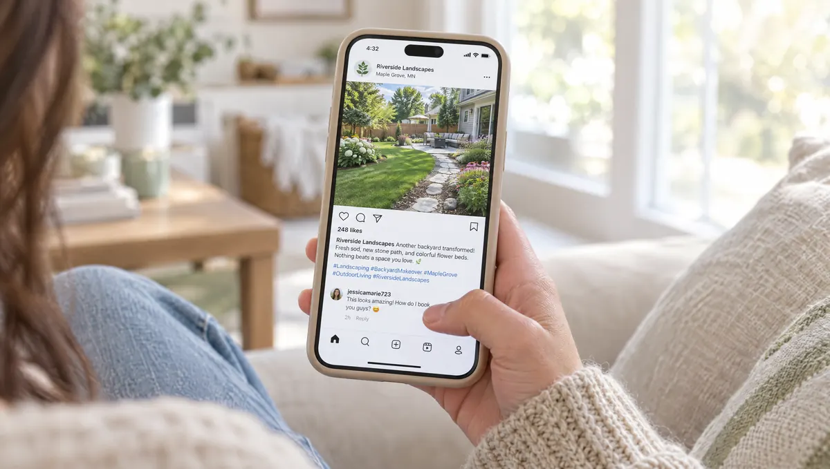 A woman reading a landscaper's post about a finished backyard on her phone