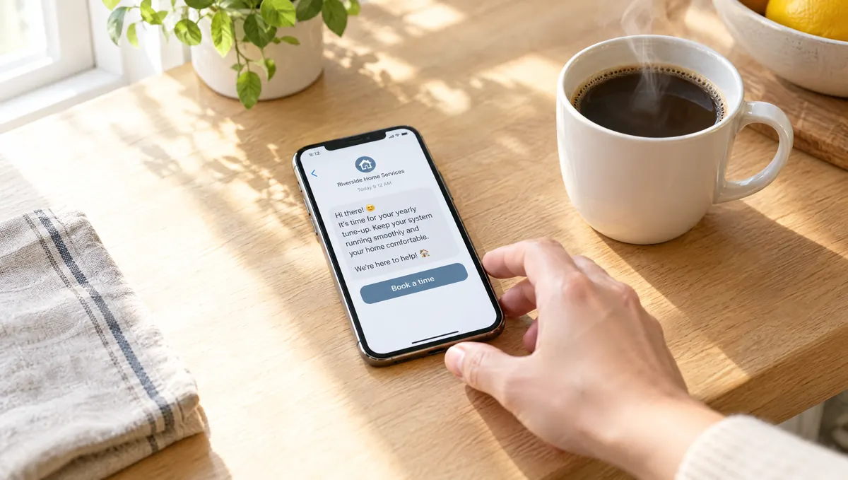A tune-up reminder text on a phone beside a cup of coffee