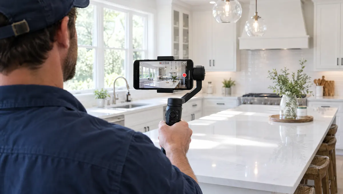 A contractor filming a finished kitchen for a short video