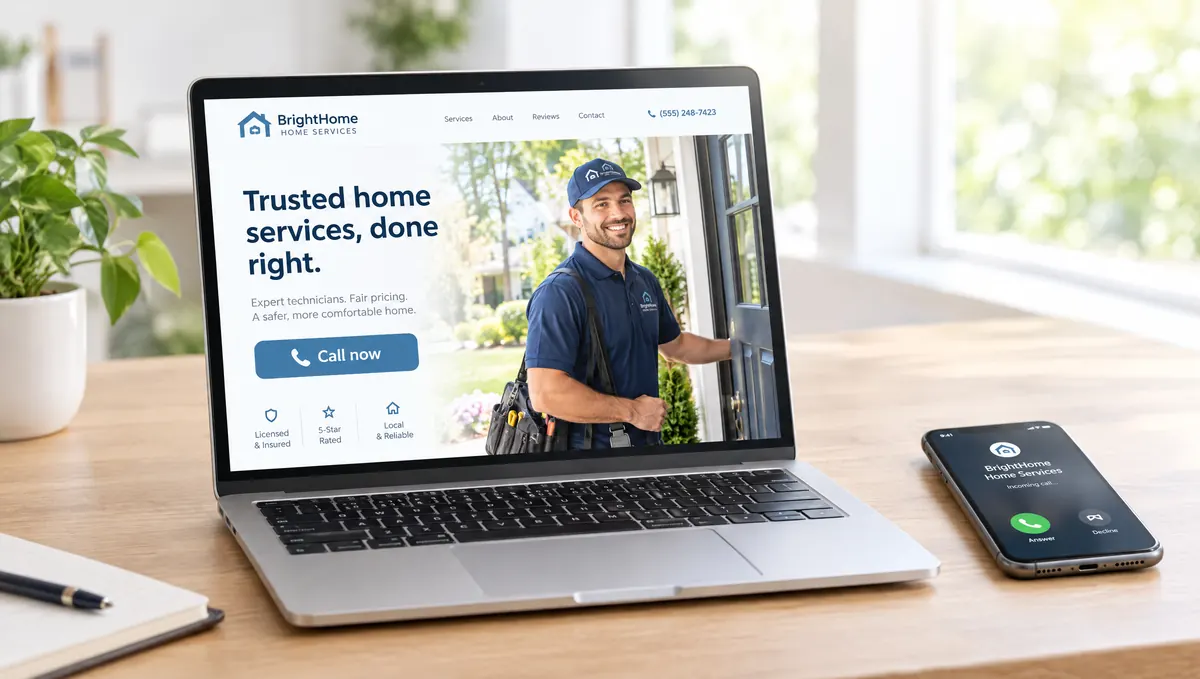A home services website with a Call now button on a laptop