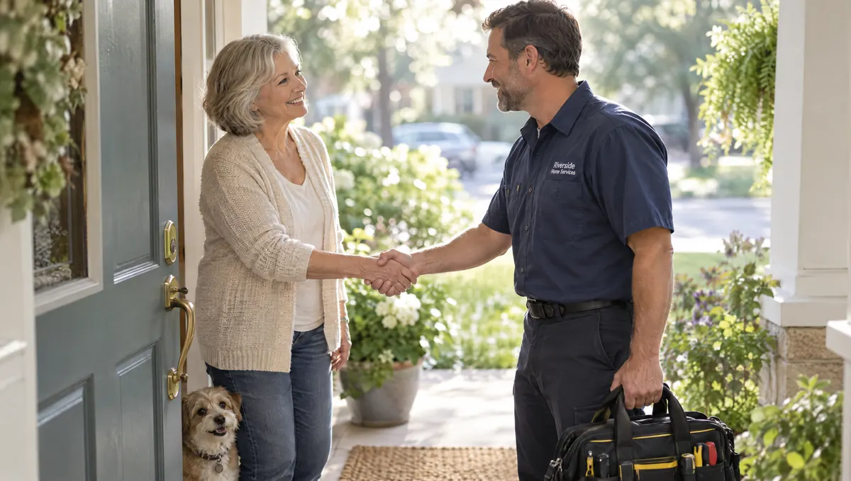 A technician greeted at the door by a customer who booked him again